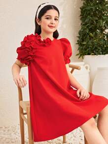 SHEIN Vestido holgado de línea A con cuello redondo, mangas abultadas y volante en el bajo para niña preadolescente, estilo elegante y casual para resort, color rojo