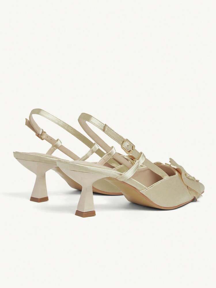 CUCCOO CHICEST Nuevos tacones de aguja de punta puntiaguda con diseño de flor de iris para mujer, elegantes y románticos tacones altos de satén color champán, zapatos de vestir adecuados para el té de la tarde, citas, vacaciones