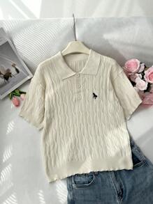 SHEIN Privé 白色Polo领半开套头麻花提花动物图案刺绣针织短袖大码夏季上衣；休闲优雅休闲办公装上衣；海边度假毕业季学院风女装针织上衣 - 白色 - 查看 7