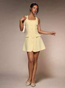 Glamine Nuevo vestido casual mini para mujer de primavera temprana, con escote cuadrado, sin mangas, bolsillo falso, ajuste delgado y apropiado para ir a trabajar