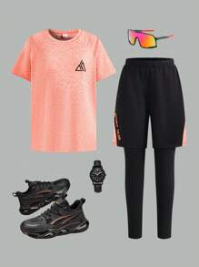 SHEIN Leap Crew 2 件套男童运动休闲套装，柔软舒适的棉混纺圆领 T 恤，带字母印花和撞色块字母印花紧身裤，适合春夏季，适合日常穿着、户外玩耍、学校、街头风格、派对和居家休闲 - 彩色 - 查看 1