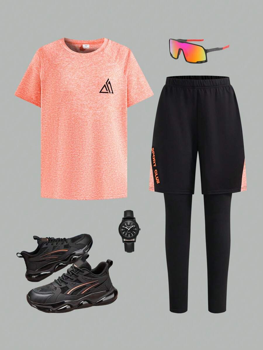 SHEIN Leap Crew 2 件套男童运动休闲套装，柔软舒适的棉混纺圆领 T 恤，带字母印花和撞色块字母印花紧身裤，适合春夏季，适合日常穿着、户外玩耍、学校、街头风格、派对和居家休闲 - 彩色 - 查看 1