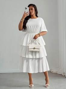 Slaydiva Plus Size Solid Color Long Sleeve Dress, Fashionable For Summer,Flowy Dress - White - View 5
