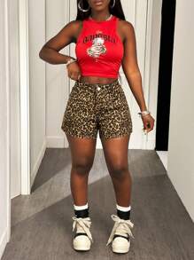 Slaydiva 女式豹纹休闲百搭牛仔短裤，带口袋 - 彩色 - 查看 4