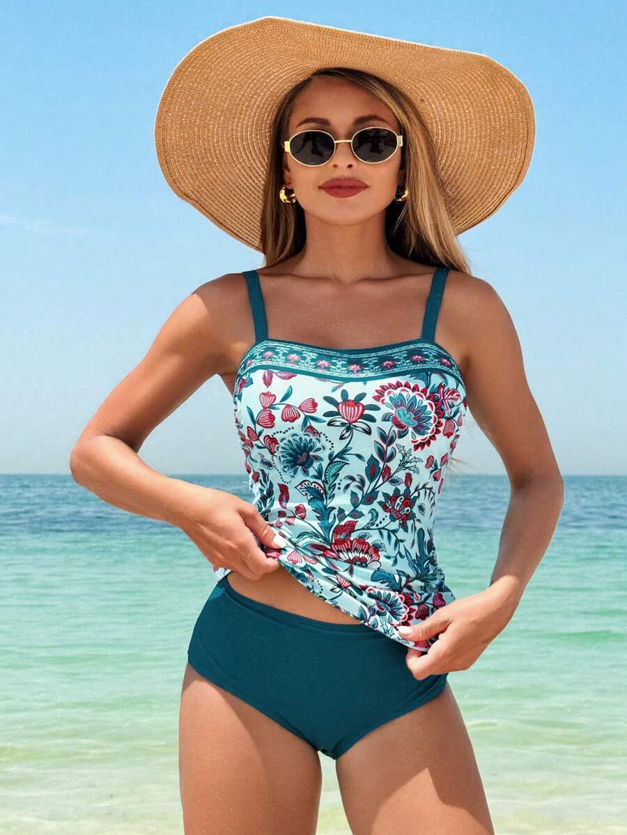Swim Lushoire Ladies' Beach Leisure Vacation Mature Random Print Camisole Bikini Top And Solid Color Shorts Set For Summer