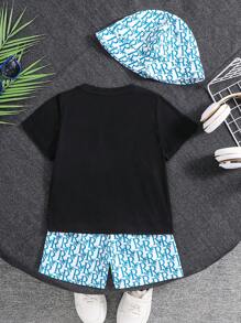 3pcs Buy 2 Get 1 Free Boys Casual Stylish Simple Versatile Comfortable Letter & Graphic Print T-Shirt, Shorts And Sun Visor 3 Pieces Set, Suitable For Spring/Summer, Daily, Sports, Outings, School, Party, Festival, Photo Shooting - Black - View 2