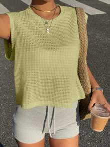 Siren Gaze Áo ba lỗ không tay dệt kim tổ ong màu trơn dáng rộng cho nữ, màu mơ, áo thường ngày và đa năng, mùa xuân/hè - màu xanh lá - Xem 4