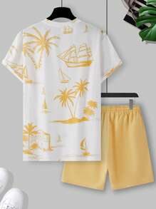 Manfinity RSRT 2pcs Men's Round Neck Short Sleeve T-Shirt And Shorts Set, Fashionable For Summer Summer Vacation Outfits Men Vacation Outfits For Men Beach Vacation Outfits Men Island Vacation Outfits Men Beach Outfit For Men - Multicolor - View 2