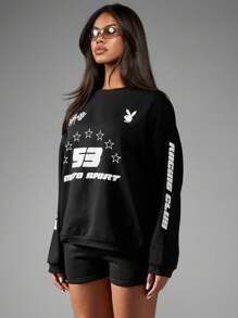 Missguided x Playboy Sudadera deportiva de estilo de carreras de coches, competición de motorsport, colección de trofeo, bandera a cuadros, estilo urbano, deporte, casual, otoño, invierno, ropa deportiva
