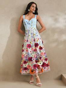 Anewsta 夏季、海滩、节日、假日、度假、优雅女士连衣裙、飘逸连衣裙、复活节优雅 3D 花卉刺绣中长款吊带裙女士长款女装春季服装女士夏装