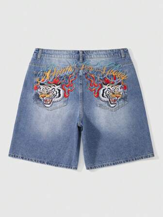 Anime Men's Casual Tiger Embroidery Denim Shorts, Summer