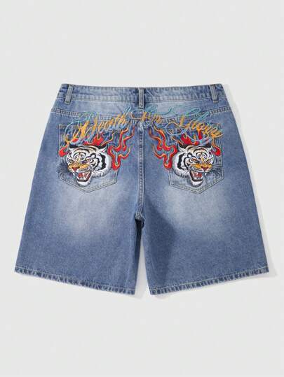 Anime Men's Casual Tiger Embroidery Denim Shorts, Summer