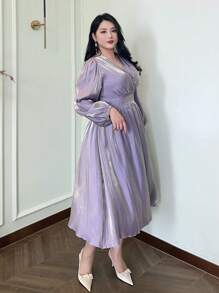Dazy Plus Plus Size Long Purple V-Neck Lantern Sleeve Shiny Waist Fit Formal Dress, Spring/Fall, Dress For Wedding Long Sleeve Dress Prom Dress Elegant Women Dresses - Purple - View 4