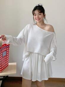 Dazy Plus 2 Pieces Set: Solid Color Loose Boat Neck Long Sleeve Pullover Top And Elastic Waist Skirt,Fall Women Clothes - White - View 6