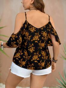 SHEIN LUNE Plus Size Vacation Casual Floral Print Open Shoulder Camisole