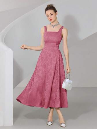 Poshira Damen elegantes Einfarbiges Jacquard-Ärmellos-Kleid