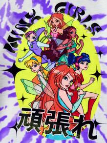 The Winx X SHEIN Maglietta con maniche corte, ampia, per ragazze pre-adolescenti, a tinta unita colorata, con stampa di ragazza stilizzata e effetto Tintura a nodi a spirale