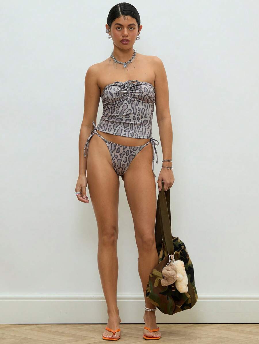 COUREZ Bikini con top a fascia e slip con lacci a stampa animale, set per spiaggia estiva, vacanze, stile Y2K, casual vintage