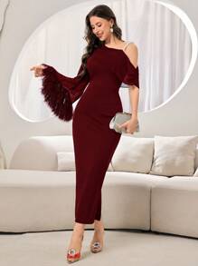 Modelyn Women's Elegant Asymmetric Neckline Fringed Cuff Dress, Suitable For Party - Burgundy - View 5