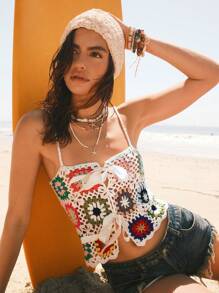 Easelle 2025 Spring And Summer Women Bohemian Style Beach Vacation Island, Women Crochet Floral Woolen Bowknot Decor Hollow Out Knit Top