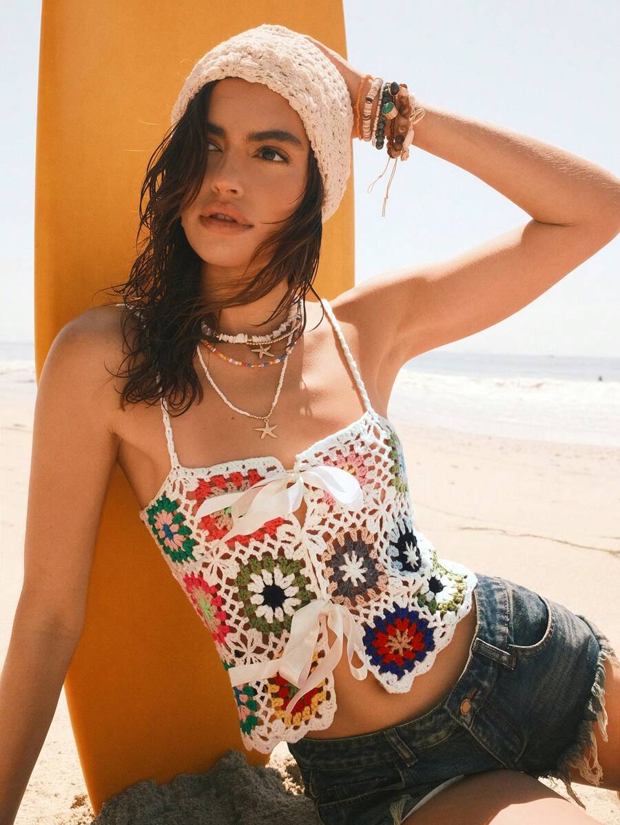 Easelle 2025 Spring And Summer Women Bohemian Style Beach Vacation Island, Women Crochet Floral Woolen Bowknot Decor Hollow Out Knit Top