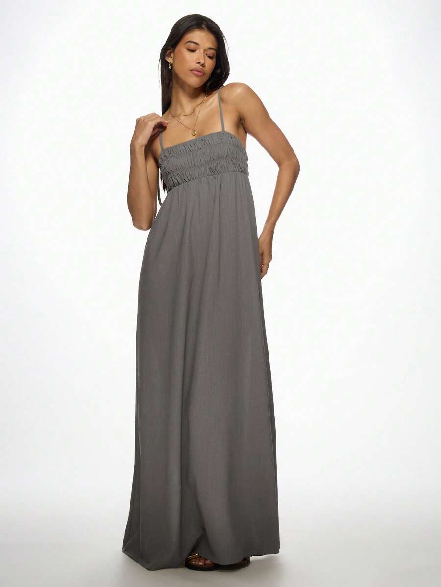 MISSGUIDED Váy Maxi Linen Không Tay Eo Cao Xếp Ly Thân Áo Mùa Hè Mặc Đi Nghỉ Mát Đầm Dài Phồng Dây Đeo Có Thể Điều Chỉnh Đi Biển Kỳ Nghỉ - Xám - Xem 1