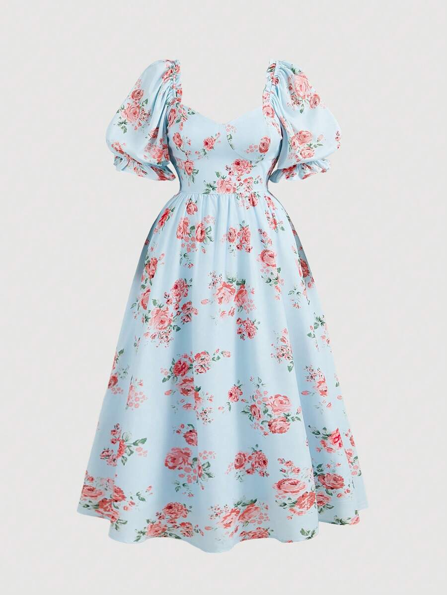 SHEIN MOD Đầm tay bồng họa tiết hoa cỡ lớn thanh lịch cho nữ - Màu xanh nhạt - Xem 1