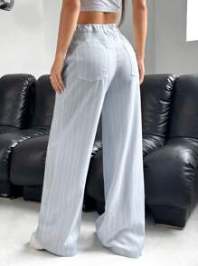 SHEIN EZwear 大码休闲宽松直筒条纹裤 - 淺藍色 - 查看 9