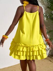 Slaydiva Plus Size Mustard Yellow Tiered Sundress: Casual Woven Spaghetti Strap Mini Dress For Summer - Mustard Yellow - View 3