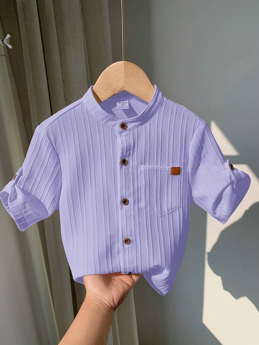 SHEIN LMoss Kids Áo sơ mi cổ bẻ cơ bản thường ngày cho bé trai LMoss có túi, thoải mái và thoáng khí - Màu tím - Xem 1