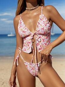 SHEIN Swim Conjunto de bikini de 2 piezas para niña con parte superior de tankini corta de estampado floral aleatorio casual para resort, emparejado con Bottom de bikini con nudo para la playa/natación