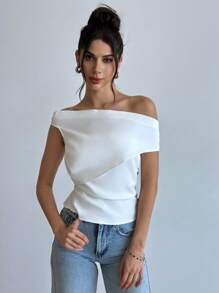 Firerie Summer New Women Elegant Off Shoulder Asymmetric Ruched Zipper White Casual Blouse For Commute, Outdoor Travel, Festival, Graduation - White - View 5
