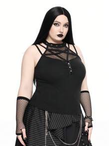 ROMWE Goth Plus Size Punk Eyelet Cutout Fishnet Patchwork Camisole Tank Top - Black - View 6
