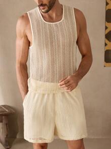 Manfinity NXTstreet 2 Pieces Set Men's Casual Hollow Wave Jacquard Knitted Fitted Tank Top Set - Apricot - View 5