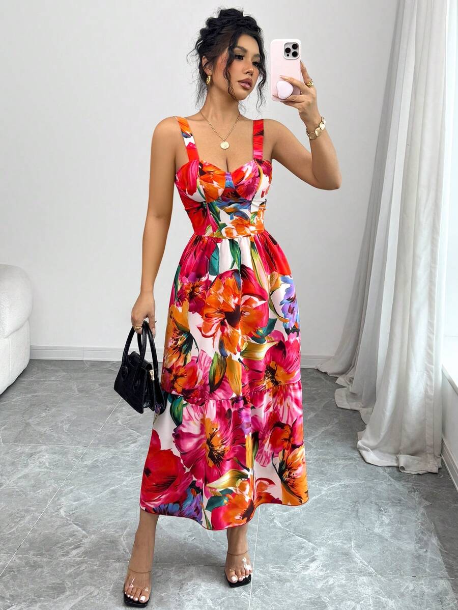 SHEIN PETITE Women's Elegant Maxi Floral Print Sleeveless Dress - Multicolor - View 1