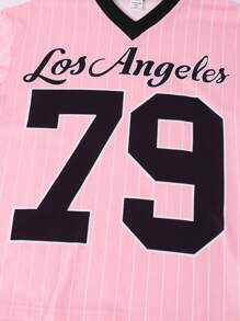 Sparklyn 女童休闲基本款复古运动队条纹 V 领黑色镶边超大插肩袖 T 恤，适合妈妈和姐妹穿着 - 粉色 - 查看 4