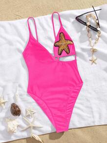 Swim SXY Beach Summer Outfits For Women: Solid Color Sexy Asymmetrical Starfish Accessories Spaghetti Strap Backless One-Piece Swimsuit - Hot Pink - View 6