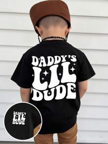 小男孩“Daddy's Lil Dude”字母印花圆领短袖黑色T恤，适合父亲节 - 黑色 - 查看 7