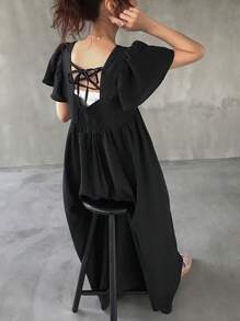 FRIFUL Abito da donna con collo a cravatta, senza schienale, vita elastica, plissettato, abito lungo per vacanze, laurea e feste