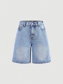 SHEIN 少女Y2K时尚街头风浅蓝色水洗宽松高腰百慕大牛仔短裤，适合夏季音乐会、锐舞派对、毕业典礼、女孩夏季早午餐、海滩度假、乡村音乐会等场合。 - 淺色水洗藍 - 查看 3