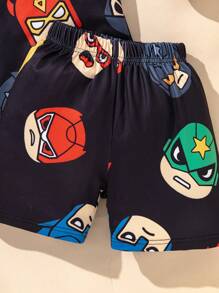SHEIN Playful Pals 2 件套年轻男童休闲日常百搭简约趣味卡通英雄图案印花圆领短袖 T 恤和短裤套装，适合户外活动和日常穿着，舒适便捷，春夏季 - 黑色 - 查看 5