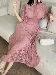 Feyla 女式蕾丝拼布立领纯色优雅长袖连衣裙 - 粉色 - 查看 6