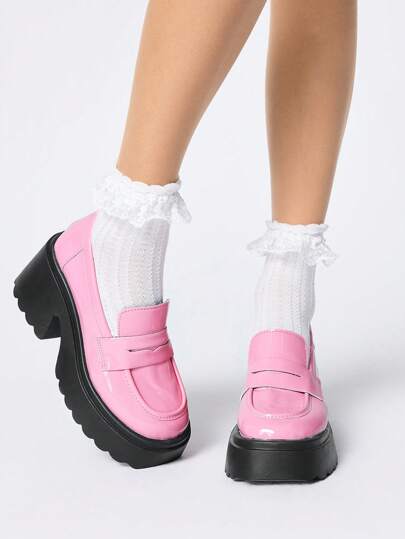 ROMWE Kawaii Mocasines de plataforma para mujer, estilo británico, zapatos Oxford de suela gruesa en negro, tacón ancho y chunky, ideales para primavera y otoño