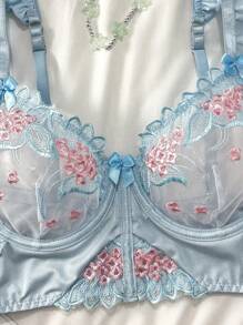 PetitDoll Women's Romantic Floral Embroidery Ruffle Edge Lingerie Bra - Blue - View 7