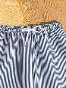 SHEIN 1pc Youth Boy Blue & White Striped One-Piece Swim Trunks With Adjustable Drawstring