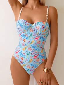 SHEIN 随机海洋印花钢圈聚拢窄肩带高开叉连体泳衣，适合夏季海滩度假 - 彩色 - 查看 4