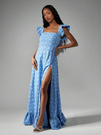 MISSGUIDED Designer Ruffle Sleeve Square Neck High Slit Floral Maxi Dress MISSGUIDED
