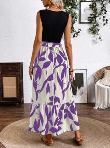 SHEIN Clasi 春夏印花拼接长裙（中长A字无袖针织拼接A字毽子叶子印花连衣裙）度假沙滩装女