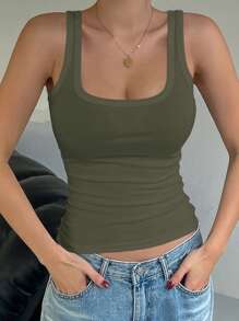 DAZY Camiseta de tirantes ajustada de unicolor con cuello redondo, casual y versátil para mujer