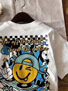 SHEIN Tween Boy Cartoon Pattern Casual Short Sleeve Crew Neck T-Shirt, Suitable For Summer - White - View 3